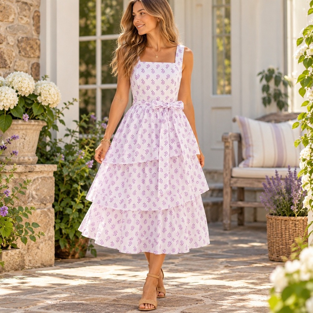 J.Crew Tiered Midi Dress Womens 2 White Purple Floral Cottagecore Cotton CK670